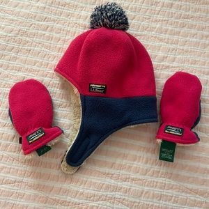 Girls LL Bean Sherpa lined fleece hat and mittens, Pink & Navy, size 2-4T